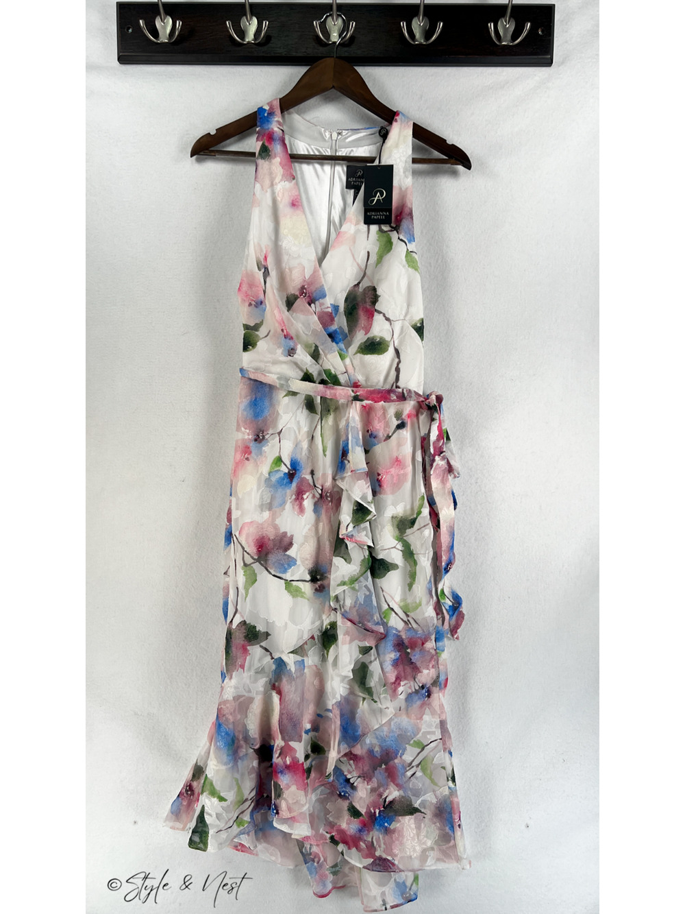 Adrianna Papell High Low Dress 14 Ivory Pink Pastel Floral Wedding